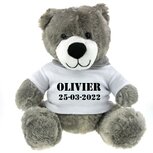 Geboorteknuffel grijs met naam en geboortedatum 