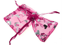 Organza zakjes zilver hartjes fuchsia zakje