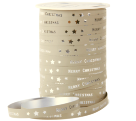 Krullint merry christmas beige zilver print 10 meter