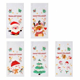 Cellofaan zakjes merry christmas mix printjes zonder plakstrip 12.5 x 27 cm 10 stuks