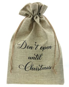 Jute zakje 20 x 30 cm don&#039;t open until christmas zwart