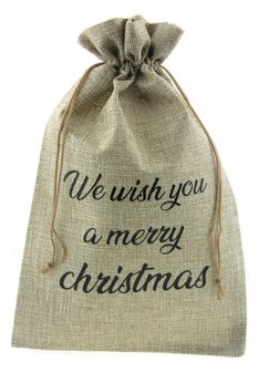 Jute look zakje 20 x 30 cm we wish you a merry christmas zwart