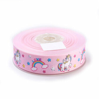 Grosgrain lint 25 mm breed unicorn roze 5 meter