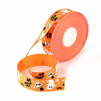 Grosgrain lint oranje spookje 25 mm breed