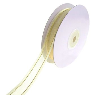 Organza satijn lint met goud lurex randje 15 mm ivoor