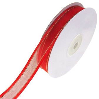 Organza satijn lint met goud lurex randje 25 mm rood