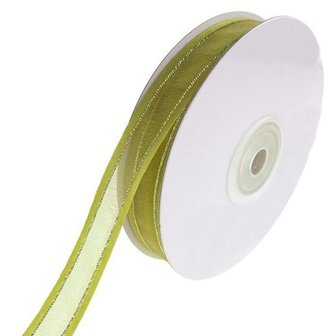 Organza satijn lint met goud lurex randje 25 mm licht lime groen