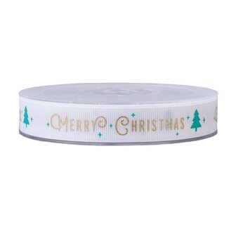 Kerstlint grosgrain wit merry christmas 15 mm breed