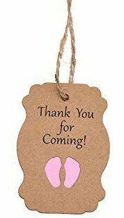 Kraft label thank you for coming roze babyvoetjes, dubbel label en hennep touwtje 10 stuks