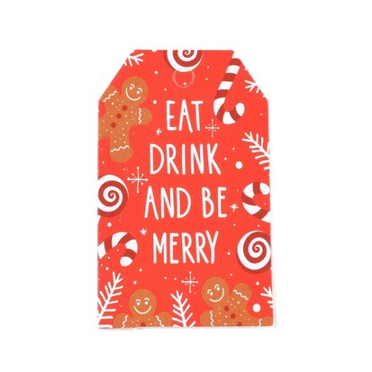 Kerst label 3 x 5 cm eat drink and be merry 10 stuks