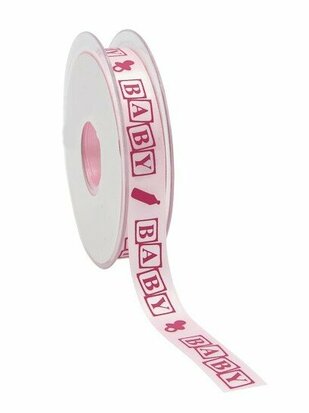 Satijn lint roze met baby blokken 15 mm breed 5 meter