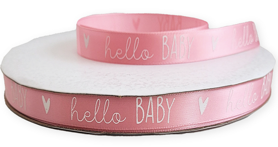 Satijn lint roze hello baby met witte hartjes 12 mm breed 5 meter