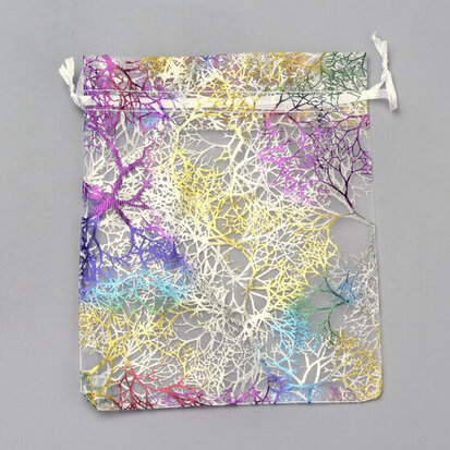 Organza zakjes wit met koraal print 9 x 12 cm