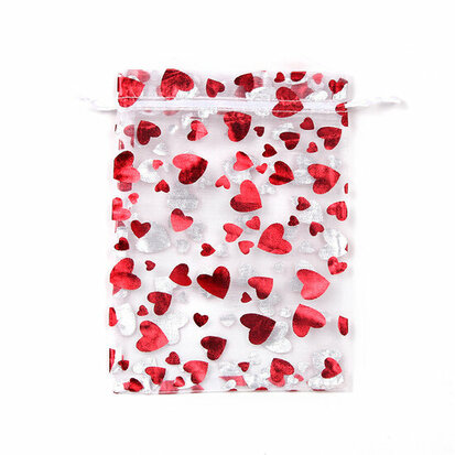 Organza zakjes 9 x 12 cm wit met rode hartjes