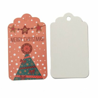 Kerst label 7 x 4.5 cm merry christmas kerstboom en sneeuw 10 stuk