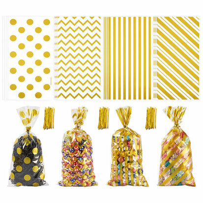 Cellofaan zakjes goud printjes mix onder plakstrip 12.5 x 27 cm 10 stuks