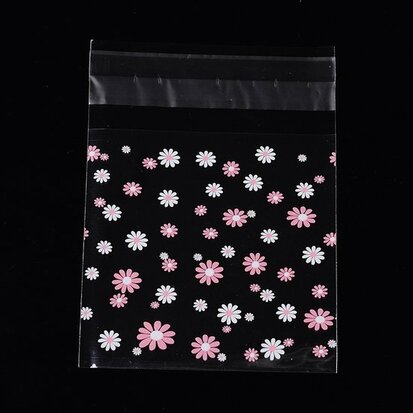 Cellofaan zakjes met plakstrip bloemetjes roze en wit 10 stuks