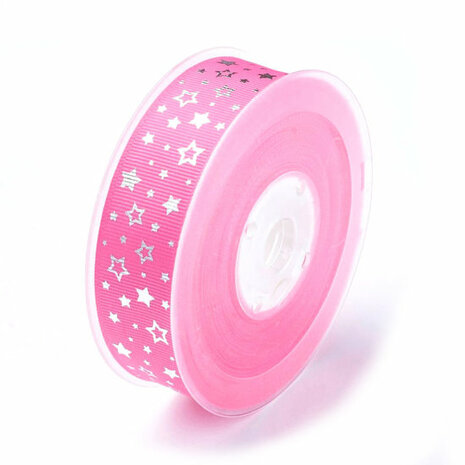 Grosgrain lint 25 mm breed fuchsia zilveren ster