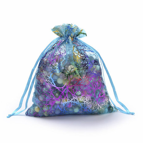 Organza zakjes aqua met koraal print 7 x 9 cm