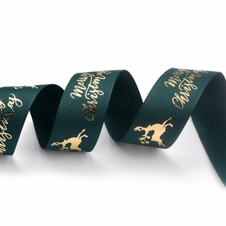 Kerstlint groen goud merry christmas en rendier 25 mm breed