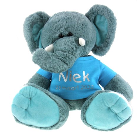 Geboorteknuffel olifant blauw met naam en geboortedatum 