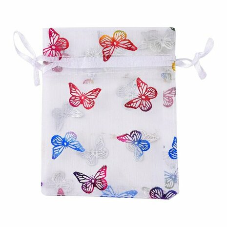 Organza zakjes 9 x 12 cm wit met metalic multicolour vlinders