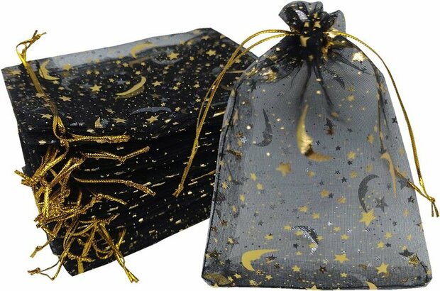 Organza zakjes zwart met goud sterretjes en maan 7 x 9 cm