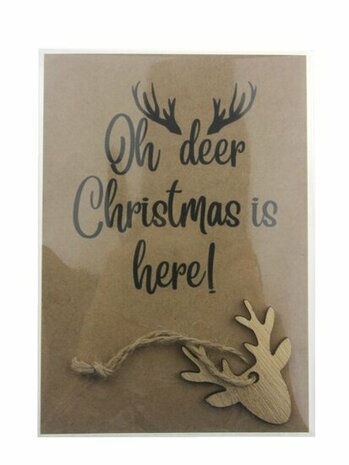 Kaart oh deer christmas is here met houten hanger