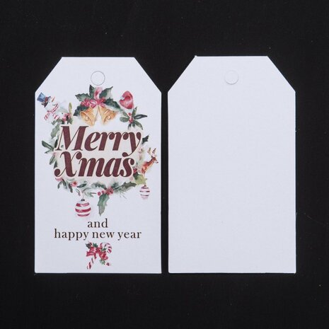 Kerst label 7 x 4.5 cm mix wit merry christmas 10 stuks
