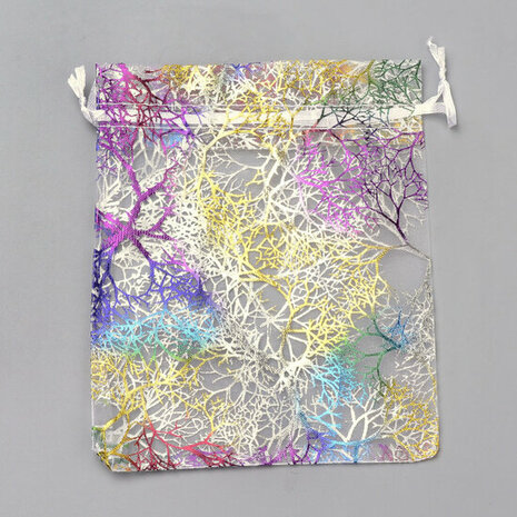 Organza zakjes wit met koraal print 9 x 12 cm