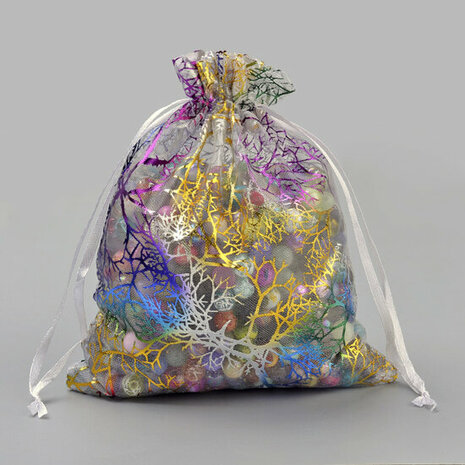 Organza zakjes wit met koraal print 9 x 12 cm