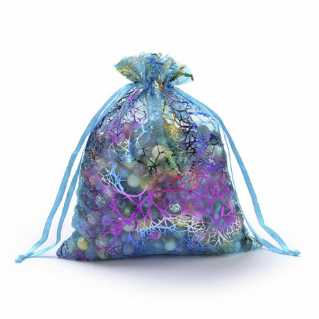 Organza zakjes aqua met koraal print 9 x 12 cm