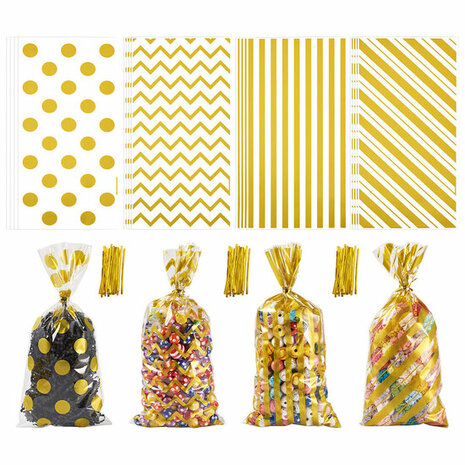 Cellofaan zakjes goud printjes mix onder plakstrip 12.5 x 27 cm 10 stuks