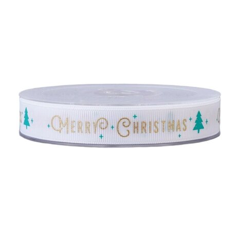 Kerstlint grosgrain wit merry christmas 15 mm breed